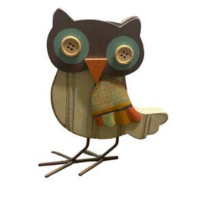 Wooden Owl Decor‎ Button Eyes Handmade Bird Upright Boho Country Chic Cute 6"